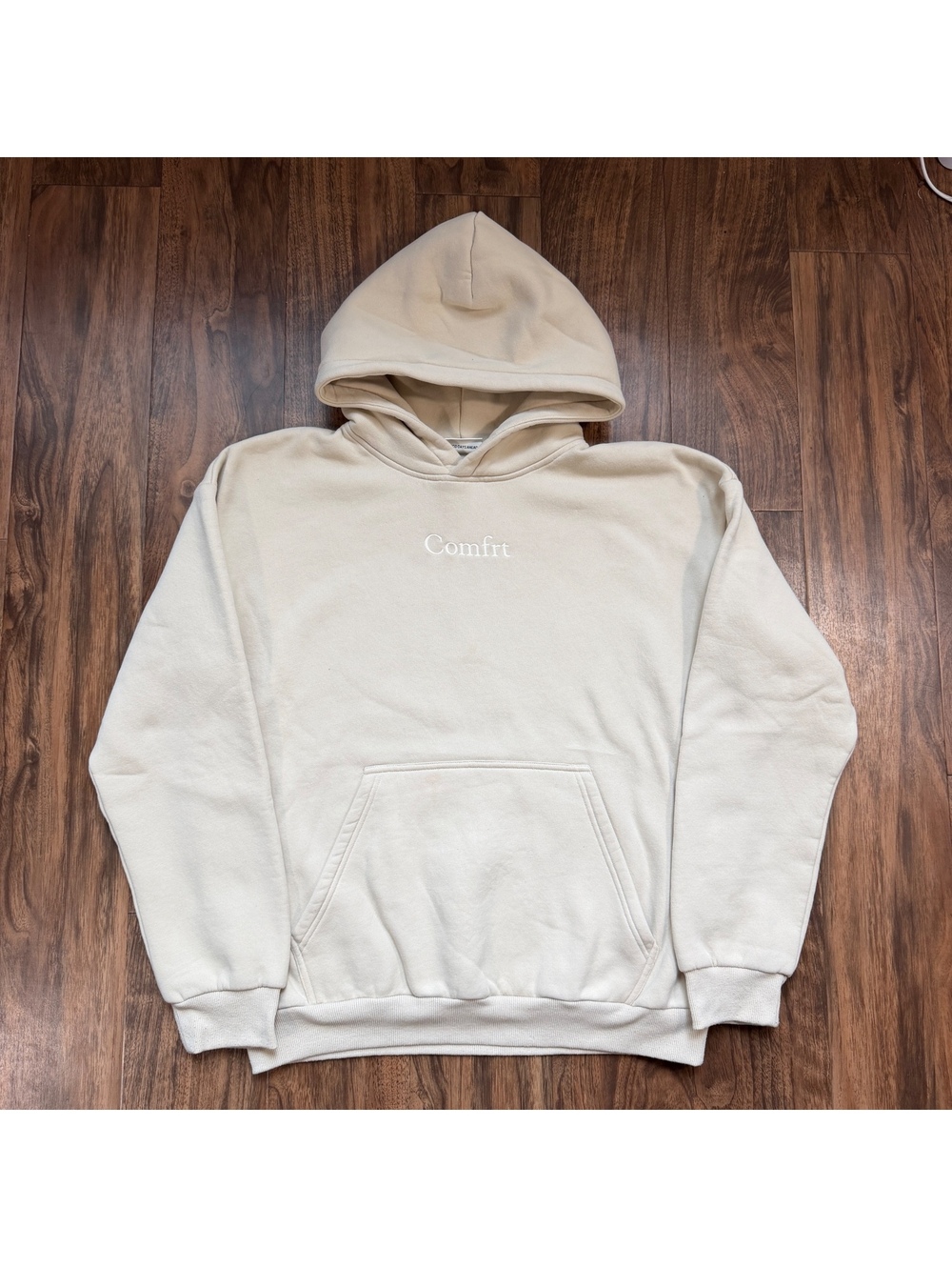 Comfrt Hoodie Mens XL Cream Beige Heavyweight Embroidered Fleece Sweatshirt